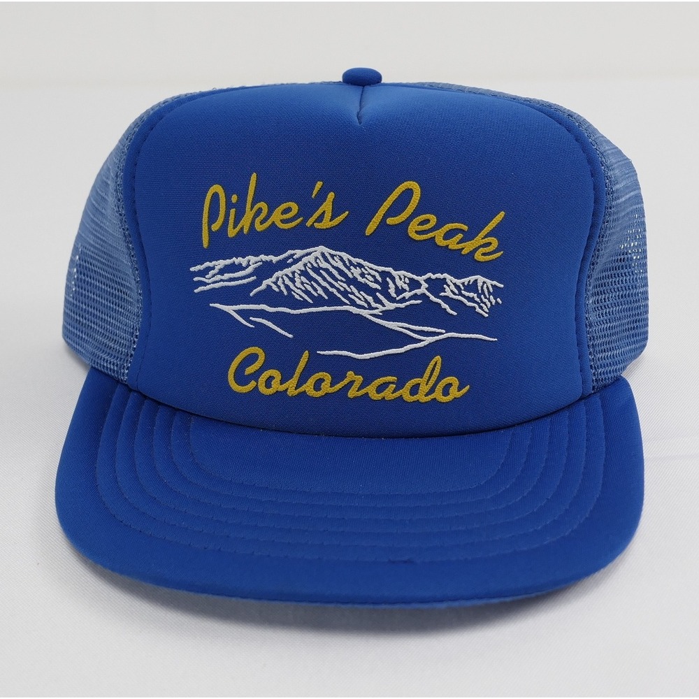 VTG 80s Pikes Peak Colorado Trucker Hat Blue Snapback Mesh Cap Designer Award